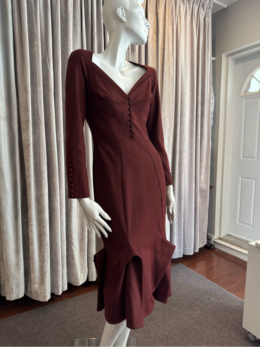 Classic Merlot Long-Sleeve Midi Dress with Button Front